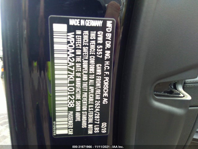 2019 Porsche Panamera, VIN: WP0AA2A77KL101238