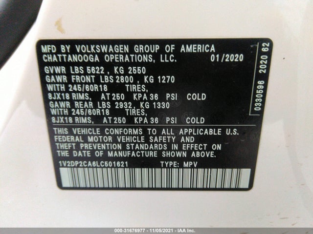 2020 Volkswagen Atlas, VIN: 1V2DP2CA6LC501621