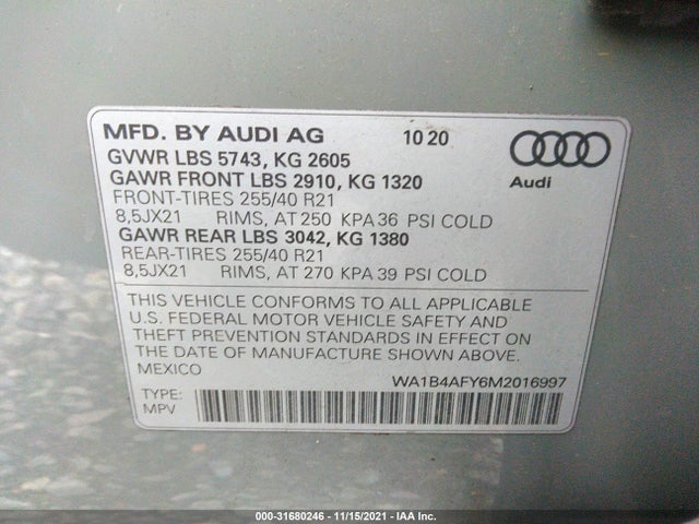 2021 Audi SQ5, VIN: WA1B4AFY6M2016997