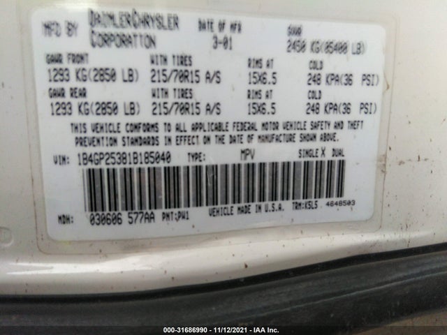 Dodge CARAVAN SE 2001 1B4GP25381B185040 Image 11