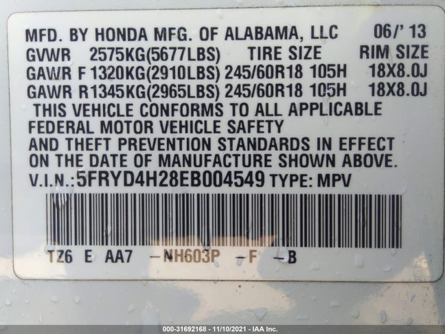 2014 ACURA MDX VIN: 5FRYD4H28EB004549
