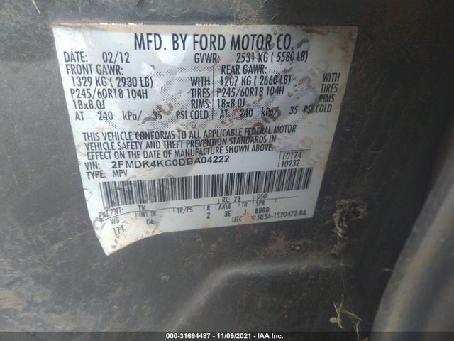 2013 FORD EDGE VIN: 2FMDK4KC0DBA04222