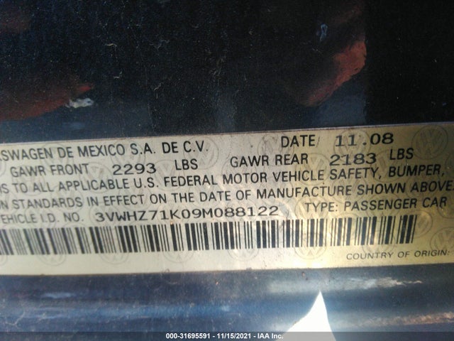 2009 VOLKSWAGEN JETTA SEDAN S VIN: 3VWHZ71K09M088122