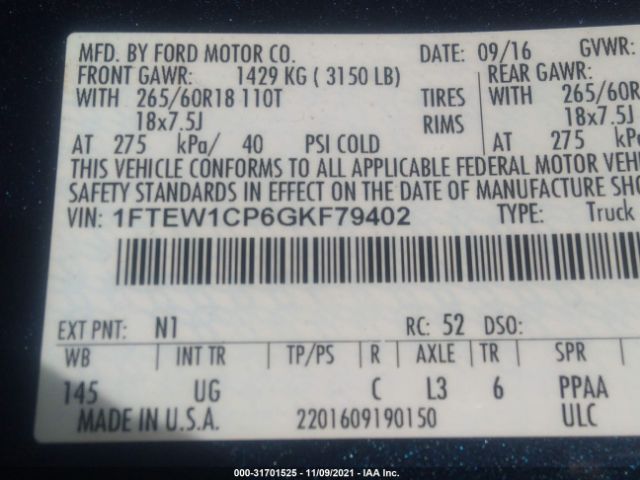 1FTEW1CP6GKF79402 Ford F-150 Xl/lariat/xlt