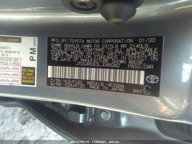 2020 TOYOTA COROLLA VIN: JTDS4RCE0LJ048282