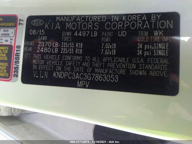 2016 Kia Sportage, VIN: KNDPC3AC3G7863053
