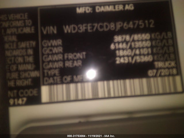 2018 Mercedes-Benz Sprinter, VIN: WD3FE7CD8JP647512