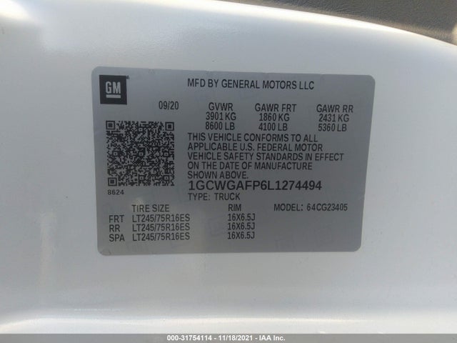 2020 Chevrolet Express, VIN: 1GCWGAFP6L1274494