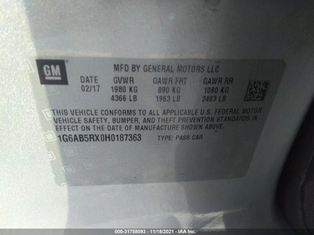 2017 Cadillac ATS, VIN: 1G6AB5RX0H0187363