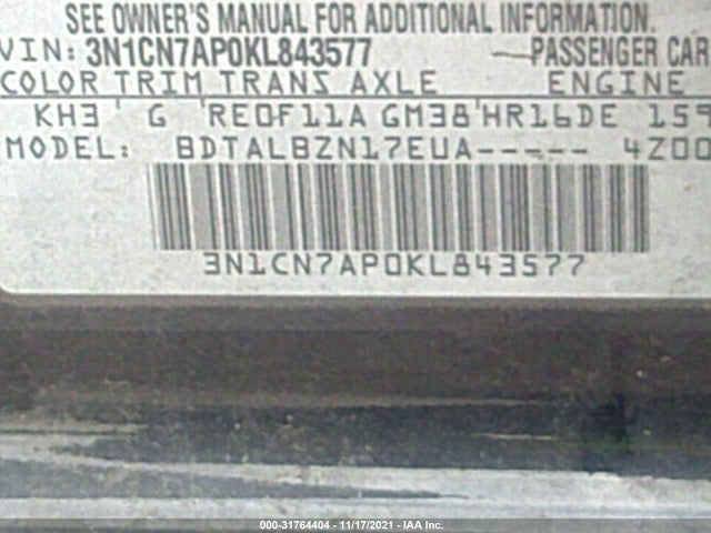 Nissan VERSA SEDAN 2019 3N1CN7AP0KL843577 Image 10