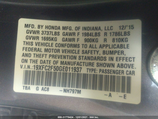 Honda Civic Lx 2016 19XFC2F50GE011937 Image 9