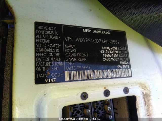 2019 Freightliner Sprinter, VIN: WDYPF1CD7KP033559