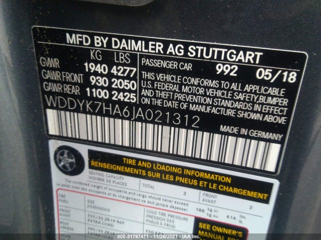 2018 Mercedes-Benz AMG GT, VIN: WDDYK7HA6JA021312