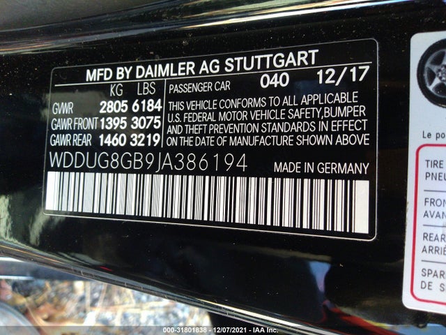 2018 Mercedes-Benz S-Class, VIN: WDDUG8GB9JA386194