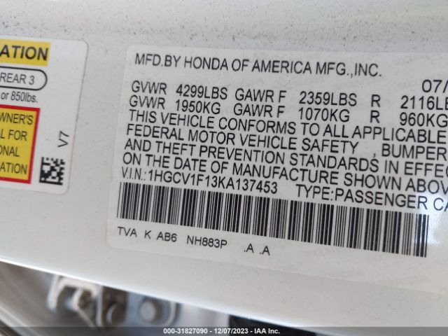 1HGCV1F13KA137453 Honda Accord Sedan Lx 1.5t