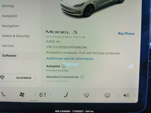 2021 Tesla Model 3 Standard Range Plus მანქანა იყიდება აუქციონზე, vin: 5YJ3E1EA1MF996096, აუქციონის ნომერი: 31848495