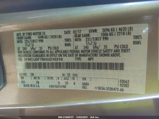 1FMCU0F76HUD10319 Ford ESCAPE S