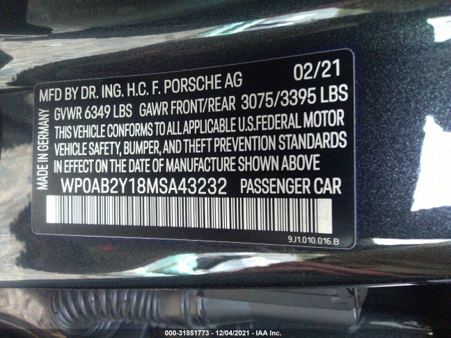2021 Porsche Taycan, VIN: WP0AB2Y18MSA43232