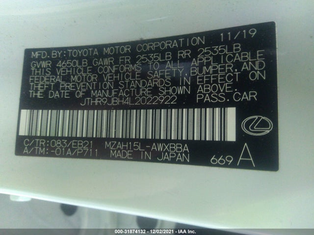 2020 Lexus UX, VIN: JTHR9JBH4L2022922