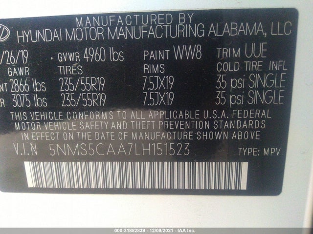 2020 HYUNDAI SANTA FE VIN: 5NMS5CAA7LH151523