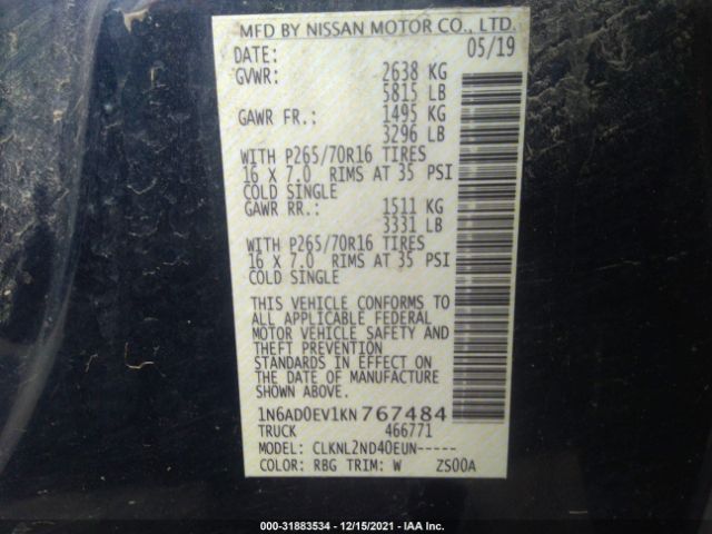 1N6AD0EV1KN767484 Nissan Frontier Sv