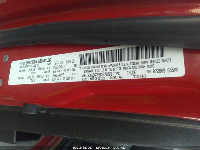 2012 RAM 1500 VIN: 3C6JD6AP5CG278021