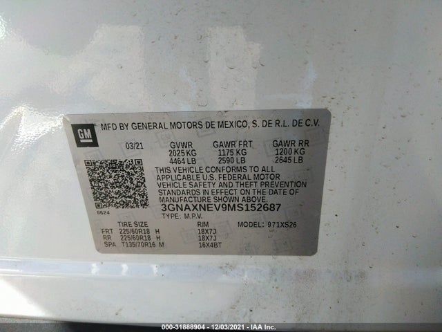 2021 Chevrolet Equinox, VIN: 3GNAXNEV9MS152687