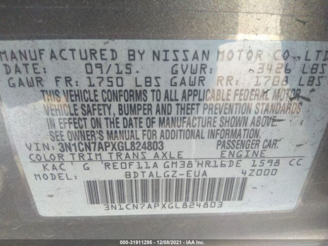 3N1CN7APXGL824803 Nissan Versa Sl