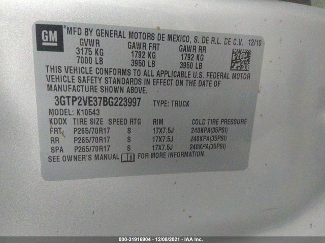 2011 GMC SIERRA 1500 VIN: 3GTP2VE37BG223997