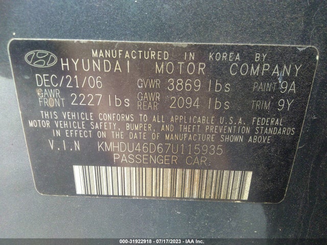 Aukcja sprzedaży 2007 Hyundai Elantra Gls/se/ltd, vin: KMHDU46D67U115935, numer aukcji: 31922918