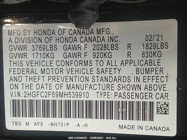 2021 Honda Civic, VIN: 2HGFC2F69MH539910