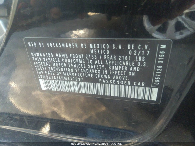 2017 VOLKSWAGEN JETTA VIN: 3VW2B7AJ4HM317997