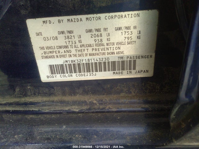 2008 MAZDA MAZDA3 I TOURING VALUE VIN: JM1BK32F181143230