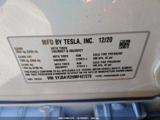 2021 Tesla Model S, VIN: 5YJSA1E26MF427275
