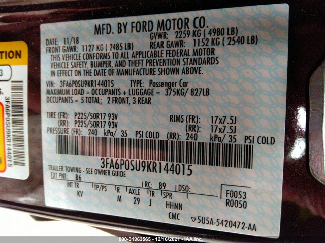 2019 Ford Fusion, VIN: 3FA6P0SU9KR144015