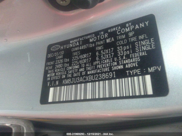2011 HYUNDAI TUCSON GLS PZEV VIN: KM8JU3ACXBU238691
