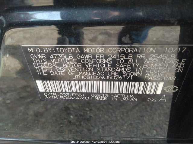 2018 Lexus IS, VIN: JTHC81D29J5026171