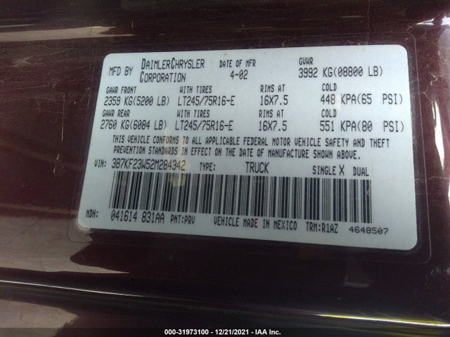 2002 DODGE RAM 2500 VIN: 3B7KF23W52M284342