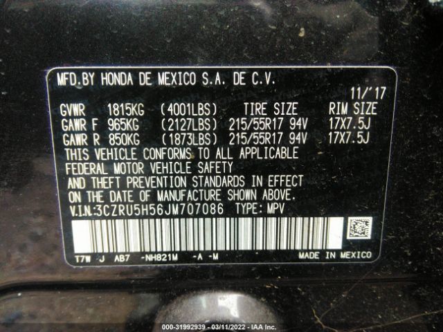 3CZRU5H56JM707086 Honda HR-V EX