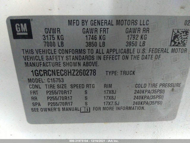 1GCRCNEC8HZ260278 Chevrolet l83 - sidi: spark ignited direct injection, vvt: variable valve timing, afm, e85 max, alum