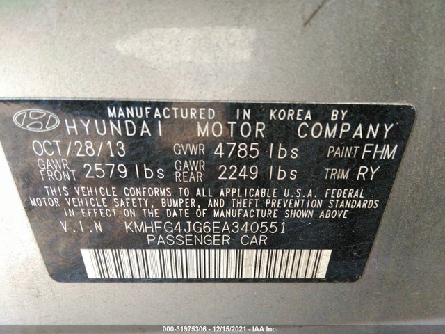 2014 Hyundai Azera, VIN: KMHFG4JG6EA340551