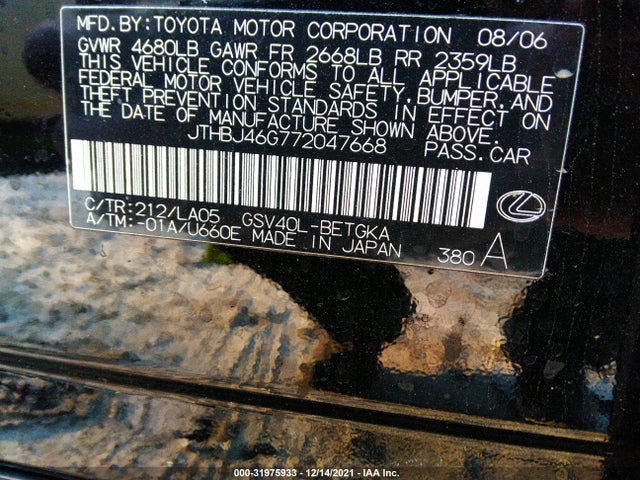 2007 LEXUS ES 350 VIN: JTHBJ46G772047668