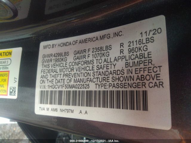 1HGCV1F50MA022525 Honda Accord Ex-l