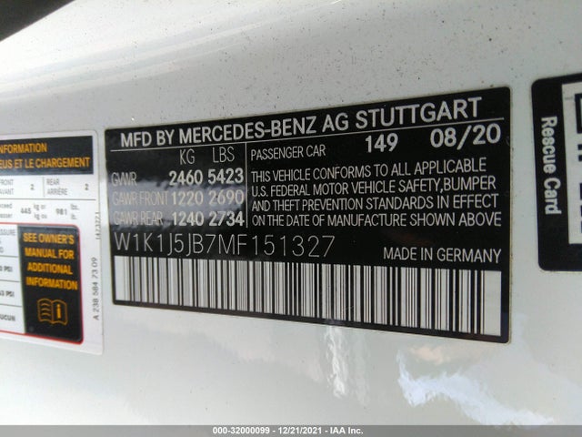 2021 Mercedes-Benz E-Class, VIN: W1K1J5JB7MF151327