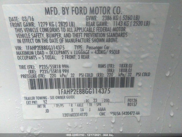 2016 Ford Taurus, VIN: 1FAHP2E88GG114375