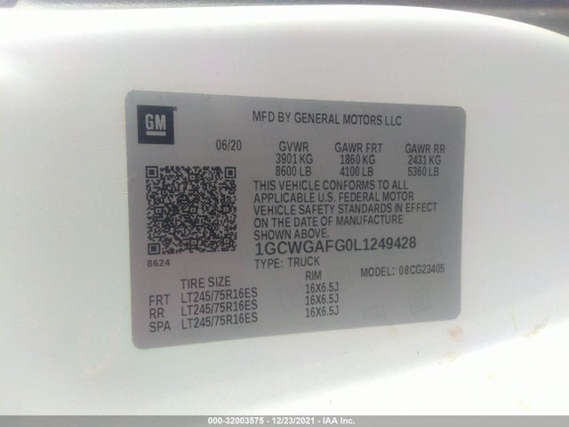 2020 Chevrolet Express, VIN: 1GCWGAFG0L1249428