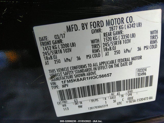 1FM5K8AR1HGC56657 Ford 3.7l ti-vct