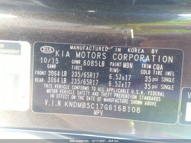 2016 KIA SEDONA LX VIN: KNDMB5C17G6168108
