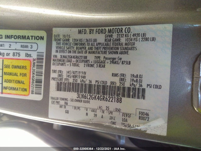 Lincoln MKZ 2016 3LN6L2GK4GR622188 Image 9