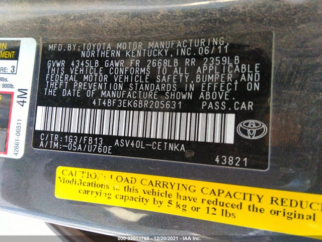 2011 TOYOTA CAMRY VIN: 4T4BF3EK6BR205631